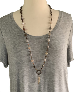 Agate Long Beaded Boho Necklace with Brass Feather