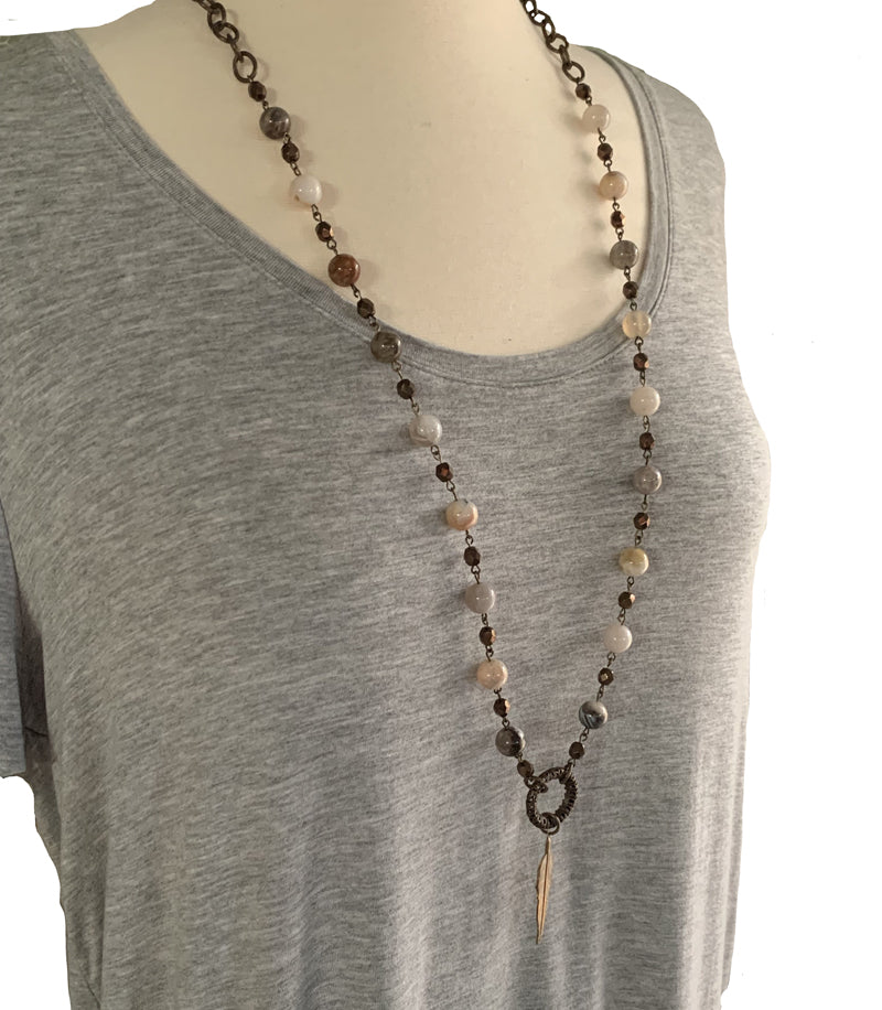 Agate Long Beaded Boho Necklace with Brass Feather