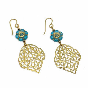 Blue Flower Gold Drop Earrings