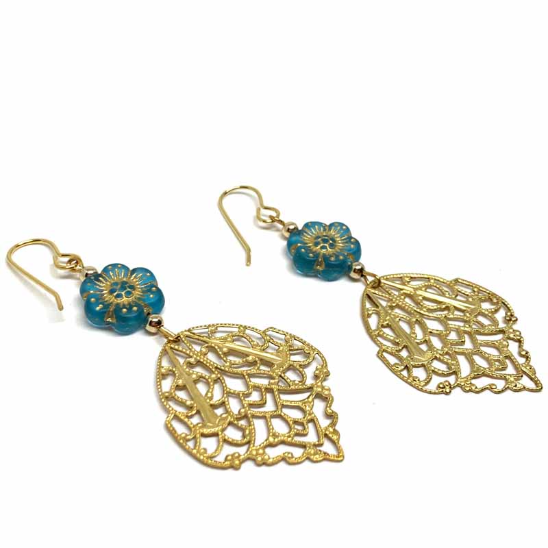 Aqua Blue Hibiscus Filigree Earrings