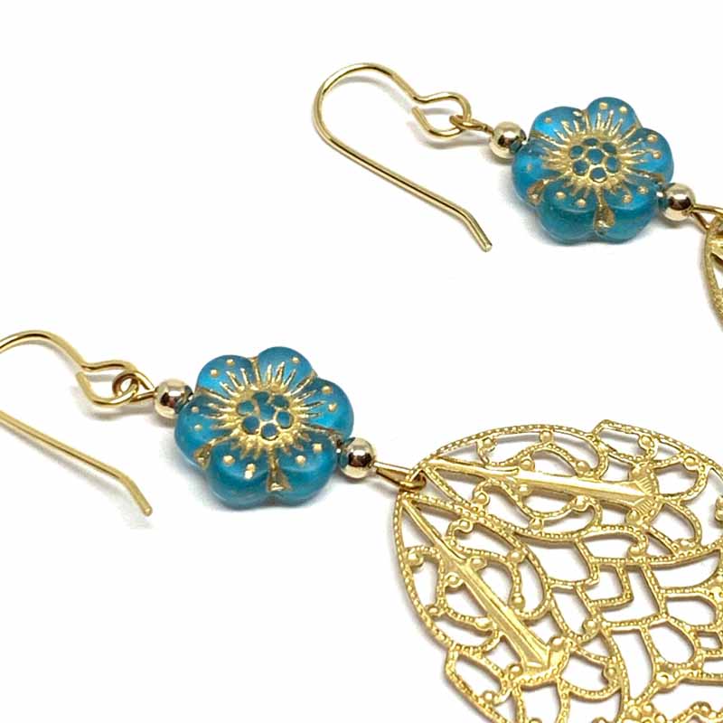 Aqua Blue Hibiscus Filigree Earrings