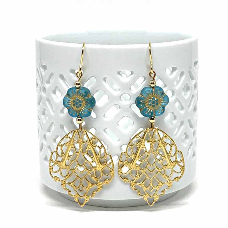 Aqua Blue Hibiscus Filigree Earrings