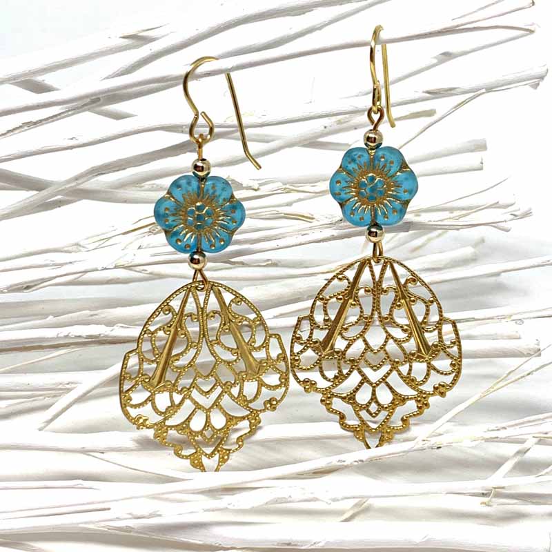 Aqua Blue Hibiscus Filigree Earrings