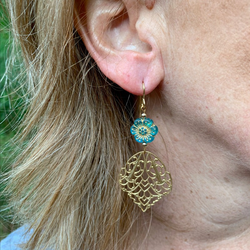 Aqua Blue Hibiscus Filigree Earrings